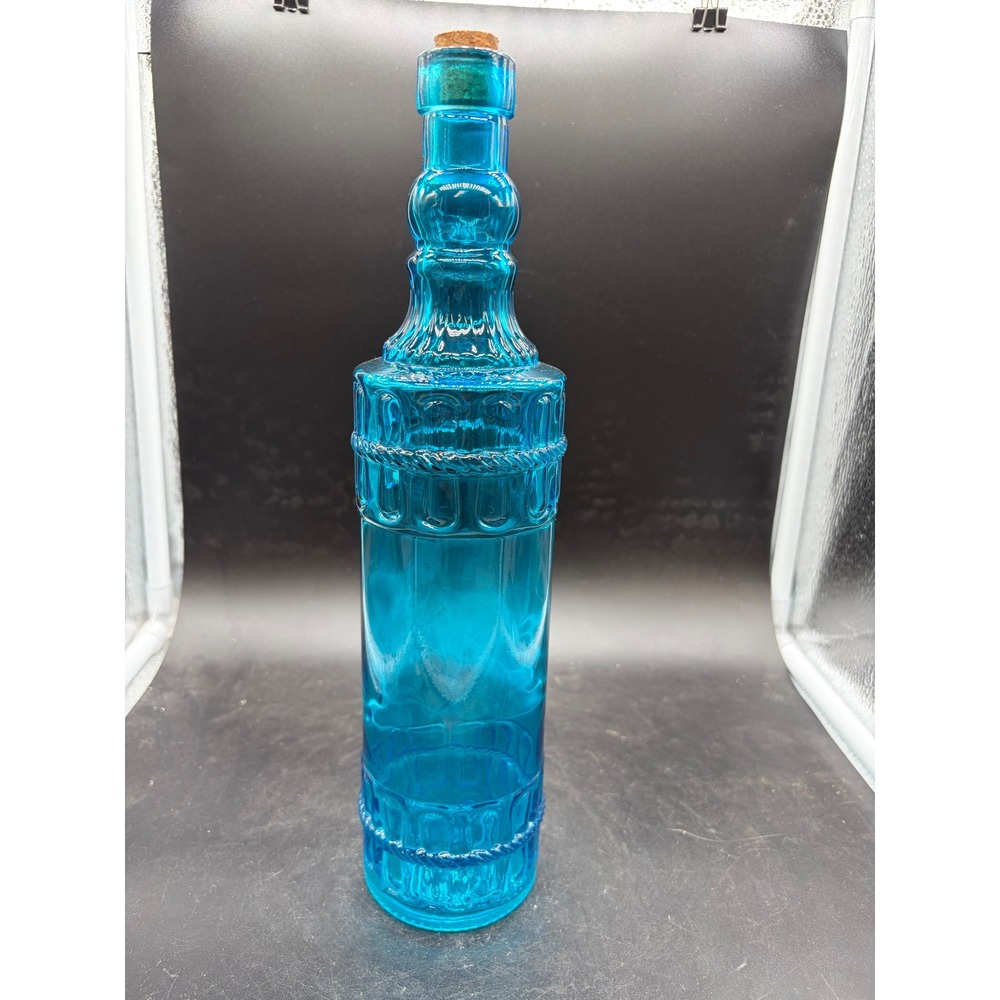 Vintage Teal Blue Glass Decanter Bottle Embossed Rope Design with Cork Stopper